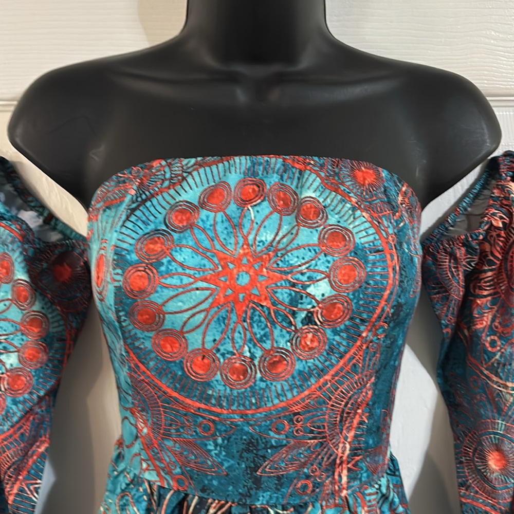 Cupshe teal blue & orange off the shoulder maxi dress, size small, NWT. - Picture 2 of 16